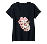 Damen Vintage Rolling The Stone Zunge Floral Hippie Gypsie Soul T-Shirt mit V