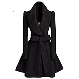 Shoplifemore Damen Mantel, Wollmäntel für Frauen, abnehmbare Fellkapuze, Wolle, Wintermantel, Trenchcoat, Schwarz , 36