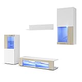 Wohnwand Anbauwand Movie, Korpus in Weiß matt/Fronten in Weiß matt und Eiche sägerau mit Blauer LED Beleuchtung