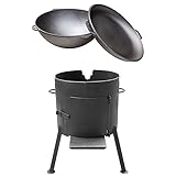 4BIG.fun Ø40 Utschag Uchag Campingofen Feuerstelle + 12L Kazan Schwenktopf Bräter Gusseisen Tatarskij Plow BBQ Grillen Kohle Kessel Außenküche Feldkü