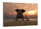 Bild auf Leinwand - Leinwandbild - Elefant Ufer Meer - 70x50cm - Wand Bild - Wanddeko - Wandbilder - Leinwanddruck - Bilder - Kunstdruck - Wanddekoration - Leinwand bilder - Wandkunst - AA70x50-3555