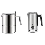 WMF Kult Espressokocher 300ml, Espressomaschine für 6 Tassen, Cromargan Edelstahl mattiert, Induktion & Stelio elektrisch Milchaufschäumer (500 Watt, 150-250 ml) cromargan matt/silb