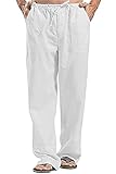 Herren Hose Lang Leinen Aus Baumwollmischung Casual Strandhose Seitentasche Loose Fit Mit Einfarbig Sommerhose Für Männer Große Größe (Color : White, Size : 4XL)