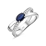 Orovi Schmuck Damen 0.09 Ct Diamant Ring Weißgold mit Edelstein/Geburtsstein September ovaler blauer Saphir und 10 Diamanten Brillanten Verlobungsring 9 Karat (375) G