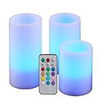 LED Echtwachs Kerzen mit Timer und Fernbedienung - 3er Set - Farbe einstellbar flackernde Kerze Deko Farbwechsel und Funk