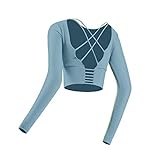 Zhantie Damen Gepolstertes Sporttop Langarm Riemchen Rückenfrei Workout Tops mit Daumenloch für Frauen Yoga Tops Laufen T-Shirt Workout Kleidung