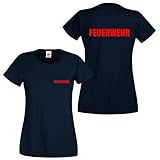 Shirt-Panda Damen Feuerwehr T-Shirt - Druck Brust & Rücken Dunkelblau (Druck Rot) M