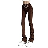 JIAYOUA Jeans Damen Hohe Taille Straight Denim Hose Jeanshose Vintage Lässige Denim Strecken Schlank Hochbund Knopfleiste Röhrenjeans Frauen Hose Boyfriend Bootcut Jeans F