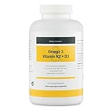 O3 - D3 - K2 von EXVital Vitahealth. Vitamin D3, K2 Und Omega 3 Fettsäuren. 1000 mg Fischöl Mit EPA (33%) & DHA (22%) Ohne Zusätze. 1 x 240 Softgel Kapseln, Hergestellt in D