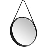 Excellent Houseware Wandspiegel rund Ø52cm mit Gurt-Aufhängung, Schwarz, Hängespiegel Flurspiegel Frisierspieg