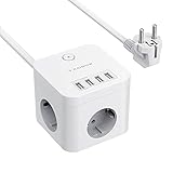 RAMPOW Steckdosenwürfel mit USB und Schalter(Cube),2500W 7 in 1 Mehrfachsteckdose mit 3 Fach und 4 USB Steckdose(17W), 1,5m Kabel,Steckdosenleiste mit Überspannungsschutz für Haus, Büro und mehr-weiß