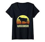 Damen Wisconsin Milchkuh Retro Landwirtschaft Sonnenuntergang Vintage Landwirt Geschenk T-Shirt mit V