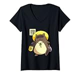 Damen Tanuki Japanischer Marderhund Bake-Danuki Yokai T-Shirt mit V