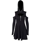 LOPILY Punk Kleid Damen mit Kapuze Schulterfreies Kleid mit Zippe Cool Boyfriend Unique Kleid Sexy Kleid Plisse Minikleid Party Kleid Übergrößen bis 5XL (Schwarz, DE-40/CN-2XL)