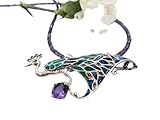 Collier Amethyst mit Anhänger Brosche Pfau emailliert mit Rubin Amethyst in 925er Sterlingsilb