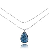 Elegant Lang Vergoldet oder Versilbert Tropfenform Kugelkette Halskette mit Anhänger für Damen (Marineblau, Versilbert)