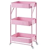 ZJFF Faltbare Metall-Organizer-aufbewahrungswagen, 3 Schichten Rollwagen, Vergrößern Laufkatze mit Leisen Rädern, für Küche, Outdoor, Pink(Color:Rosa)