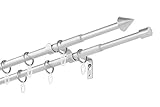 Dekobase Ausziehbare Gardinenstange, Stilgarnitur Siri komplett Set zum sofortigen Montieren, 13/16 mm Ø, Silber 2-lauf, 120-220