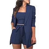 RKaixuni 3.Set Blazer Damen Elegant Sakko Sportbekleidung Mantel Locker Lang Einfarbig Revers Frauen Jacke Cardigan Damenblazer Büro Longblazer mit Tasche Sling Westen Kurz Hosen S