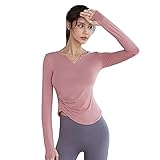 Damen Sport Fitness V-Ausschnitt Langarm T-Shirt Atmungsaktives Funktionelles Sport Training Fitness T-Shirt Locker Geschnittenes Laufshirt Yoga Top (S,Rot)