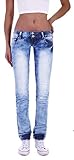 Damen Jeans Gerader Schnitt Straight Leg Hüftjeans Low Waist Blau Batik (32, Blue)