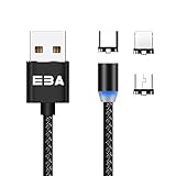 EBA Magnetisches ladekabel Geflochtenes USB Rotate Magnetic Charging Cable 2.4 A 360 Degree- für i-Produkt/Micro USB/Type C - Magnetisches ladekabel USB (Schwarz)