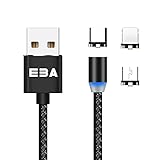 EBA Magnetisches ladekabel Geflochtenes USB Rotate Magnetic Charging Cable 2.4 A 360 Degree- für i-Produkt/Micro USB/Type C - Magnetisches ladekabel USB (Schwarz)