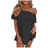 Komiseup Damen Süße Rüschen Tops Bluse Oberteil Kurzarm，Große Größe Bluse Sexy Einfarbig Lose Tee Tops Schräger Hals Lässiges Bluse Tank Hemd Oberteile Blusen Tee Tops Tunika T