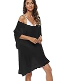 UMIPUBO Damen Strandkleid Chiffon Langarm, Sexy Bikini Cover Up Elegante Strapless Strandponcho Sommer V-Ausschnitt Strandkleider mit Rückengurten Bademode Beach Kleid, Schwarz Einheitsgröß