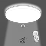 LED Deckenleuchte mit Bewegungsmelder, 18W 1800LM LED Deckenlampe mit Bewegungsmelder Einstellbar mit Fernbedienung, IP54 Badlampe Sensor Lampe für Bad Flur Balkon Keller Treppe Garage 4000K, R