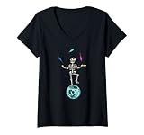 Damen Streetart Totenkopf Skelett Jonglieren Urban Art T-Shirt mit V