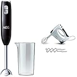 AEG STM 3200 Stabmixer / 600 Watt / 2-Klingen Edelstahlmesser / 0,8 PS / 16.500 U/Min. / 2 Stufen inkl. Turbo-Funktion / 0,6 l schwarz/silber & Siemens Handrührer MQ955PE, 5 Stufen, 450 W weiß/schw
