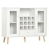 HOMCOM Küchenschrank Sideboard küchenmöbel mit Glastüren Schublade und 12-Flaschen Weinregal für Wohnzimmer und Küche Spanplatte Hartholz Weiß 100 x 33 x 80