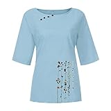 Masrin Damen Baumwolle und Leinen Tops Vintage Button Stitching T-Shirt Plus Size Blumendruck Tunika V-Ausschnitt Kurzarm Lose Bluse(XXXXL,Hellblau)