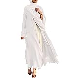 VESNIBA Damen Muslimische Lange Ärmel Flowy Maxi Cardigan Islamische Offene Front Kimono Abaya Robe Truthahn Kaftan Einfarbig Chiffon Weich und Elegant Gürtel Lose Dubai Cover Up Kleid, 66A_Weiß, XXL