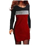 Uhoney Partykleider für Damen, sexy, oberhalb des Knies, Bleistift-Farbblock, langärmelig, Rundhalsausschnitt, Mini-Abendkleid, figurbetont, rot, XL