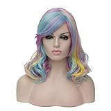 Rainbow Perücke Side Split Kurzer Lockiges Haar Perücke Synthetische Hitzebeständige Cosplay-Kostüm-Party Perücke Neon Clown Bunte Weiche Welle Frauen Synthetische Cosplay Perücke Mädchen Farbe Kostü