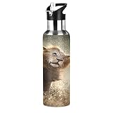 Löwe Dschungel Gras Tier Niedlich Trinkflasche Wasserflasche mit Strohhalm 600ML, Thermosflasche Vakuumisolierte aus Edelstahl 18/8, BPA-frei für Kinder Sport Wandern S