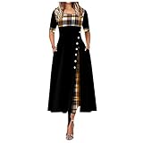 Kleid Damen Elegant Lang-Kurzarm Kleid Damen Sommer Knielang GroßE GrößEn Etuikleid Lange Abendkleider A Linie Rock Kleid Damen Herbst Cocktailkleid Wadenlang Festliche Kleider (Schwarz, M)