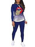 Sexy Batikfärbung, zweiteiliges Outfit-Set, Leopardenmuster, Zunge, Lippen, Damen, langärmlig, Sweatshirt mit langen Hosen, Jumpsuit, blau, M