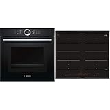 Bosch HNG6764B6 Serie 8 Einbau-Backofen mit Mikrowellen- & Dampffunktion / 67 L / 1 L Wassertank / 800 W & PXX675DC1E Serie 8 Induktionskochfeld (autark) / 60 cm/Schwarz/C