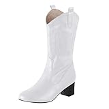 ORANDESIGNE Damen Westernstiefel Halbhohe Cowboy Stiefel Damen Stiefeletten mit Blockabsatz Ankle Boots Biker Boots Cowgirl Spitz Zehen Halbhohe Stiefel Weiß 40 EU
