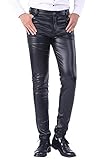 DUOLUNJINDUN Herren Slim Fit Hose aus PU Leder Elastisch Bikerhose Lederjeans Winddicht und Wasserdicht - Schwarz Größe 35