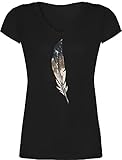 Sprüche Statement mit Spruch - Wasserfarben Feder - XL - Schwarz - Tshirt mit Federn - XO1525 - Damen T-Shirt mit V