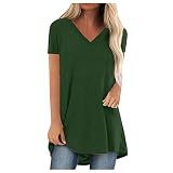 Tshirt Frauen Sommer Kurzarm Sport Oberteile T-Shirt Elegant Lang Tunika Tops Sexy V-Ausschnitt Bluse Jumper Einfarbig Mode Longshirt Blusenshirt Lässiges Locker Sportshirt Streetw