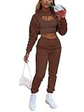 Damen Casual Trainingsanzug 3-teilig Sweatshirt Crop Top Kapuze Langarm + Kordelzug Hose Einfarbig Sportanzug, braun, 46