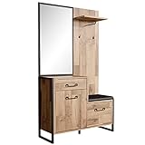 NEWFURN Garderobe Set mit Sitzkissen in Stabeiche Flurgarderoben Set Modern Vintage Industrial - 114x200x44,5 cm (BxHxT) - Kompaktgarderobe Holz Garderobe Komplett Garderobenset Flur Diele - [Marling]