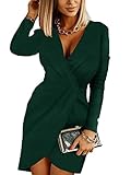 seiveini Wickelkleid Damen Langarm Tiefer V-Ausschnitt Kleid Retro Bodycon Cocktailkleid Midikleid Abiballkleid Elegante Kleider Mode Vintage Slim Fit J Dunkelgrün L