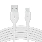 Belkin BoostCharge Flex Silikon-USB-C/USB-A-Kabel (3 m), USB-IF-zertifiziertes USB-C-Ladekabel für iPad Pro, Galaxy S21, Ultra, Plus, Note 20, Pixel und andere Geräte – Weiß