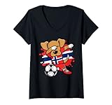 Damen Dabbing Dog Norwegen Fußball Fans Trikot Norwegischer Fußball T-Shirt mit V